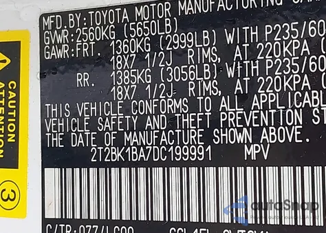 2013 Lexus Rx 350/Base/F Sport z USA, uszkodzony, nr VIN 2T2BK1BA7DC199991